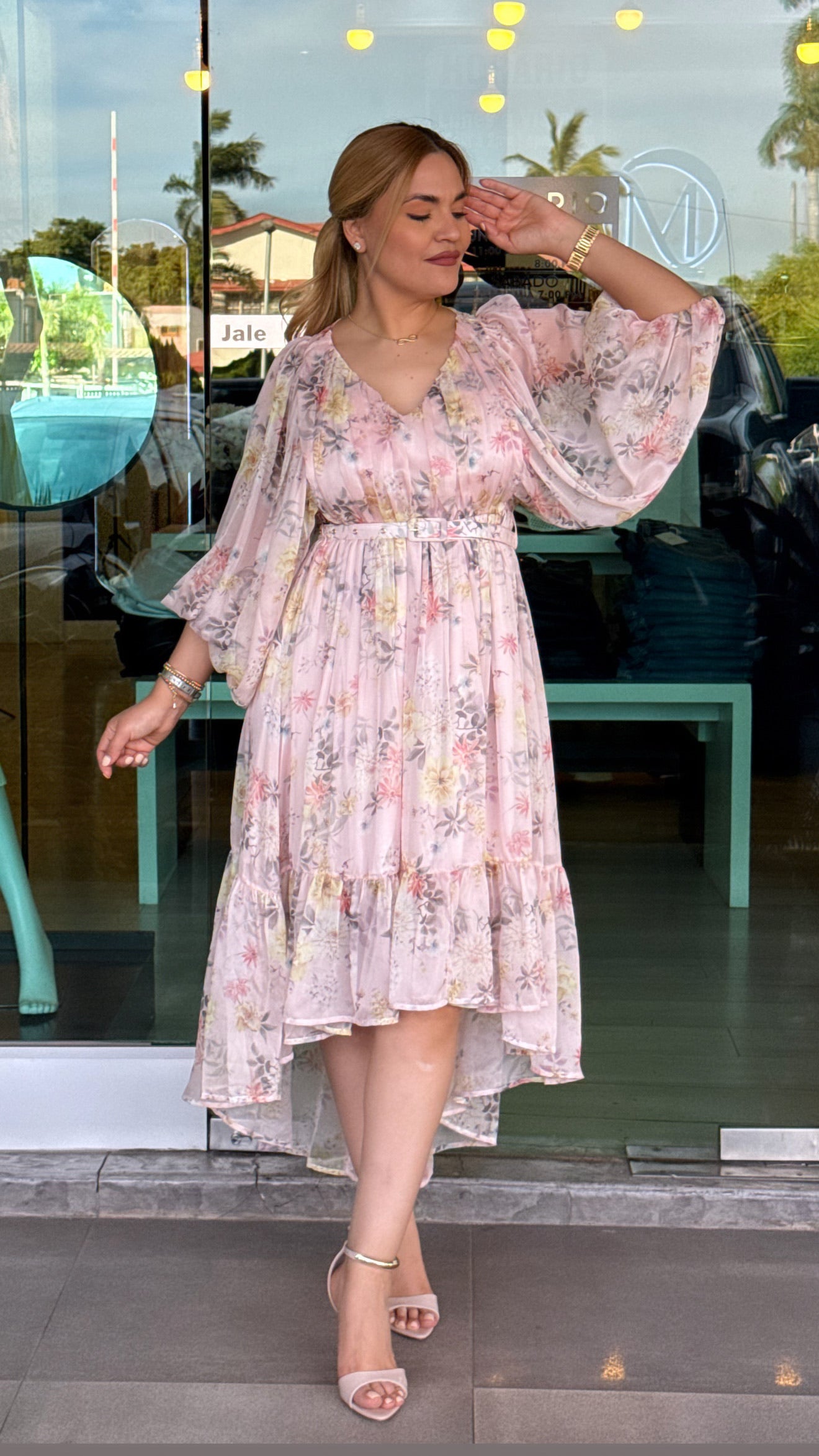 Vestido rosa manga larga